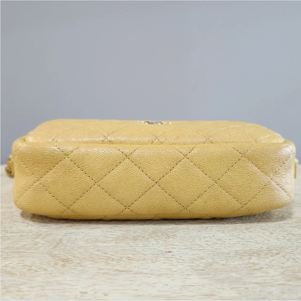 Rare 2019 Chanel Caviar Iridescent Yellow Camera Bag with Gold Hardware